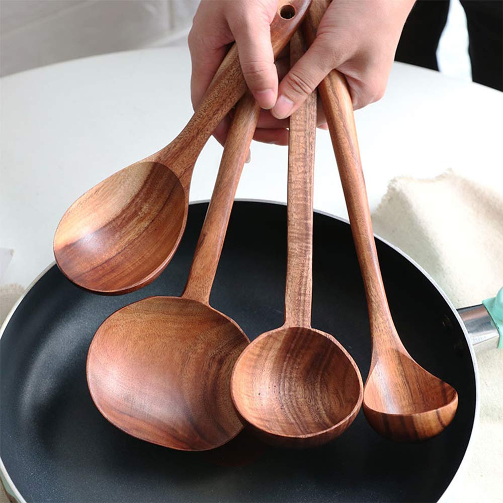 Fjnatinh Wooden Soup Ladle Set, Kitchen Spoon Set Utensils, 4 Pcs Handmade Natural Teak Cooking Spoons, Long Handle Wooden Soup