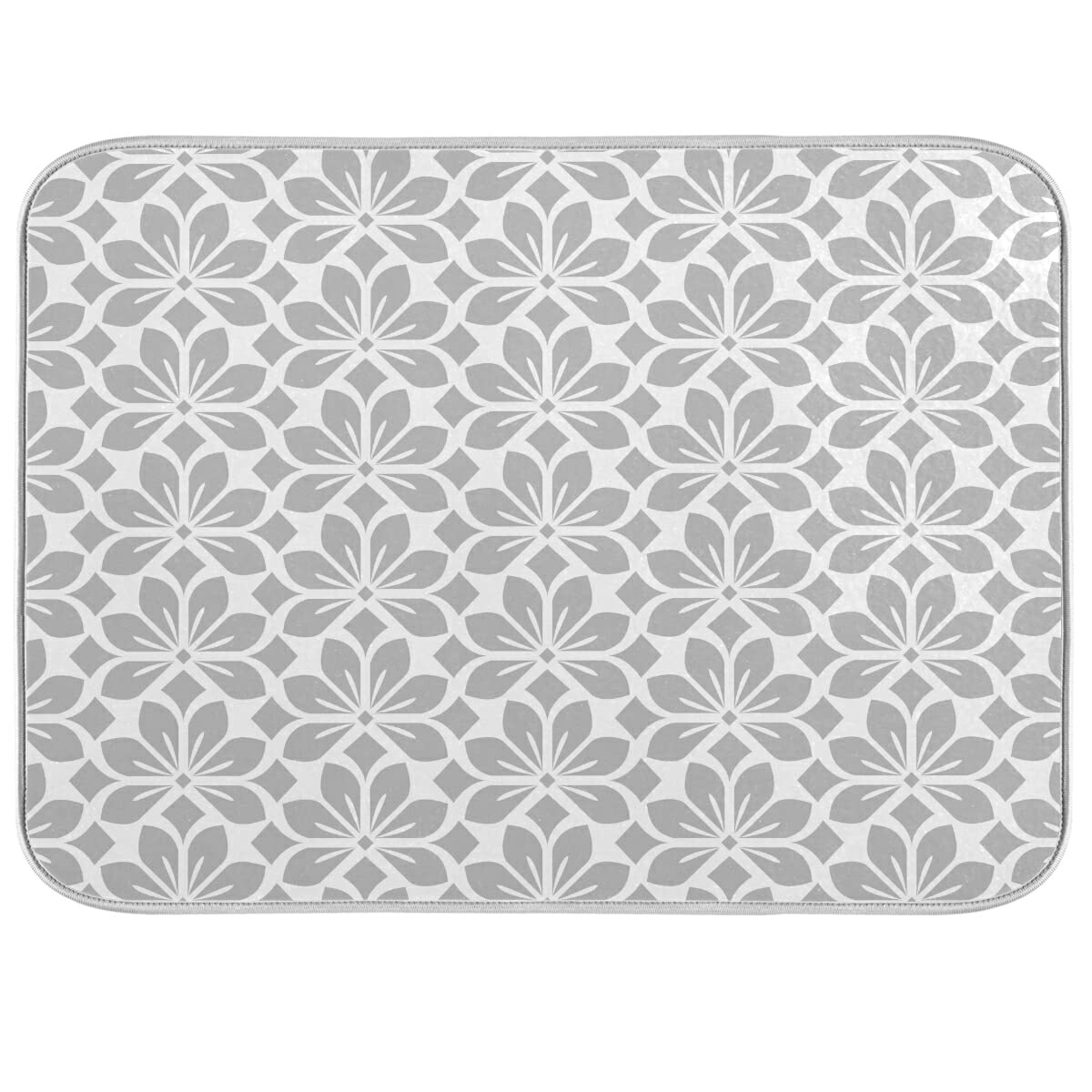 Grey And White Flowers Leaves Dish Drying Mat 18X24 For Kitchen Geometric Leaf Floral Pattern Gray Dishes Pad Dish Drainer Rack