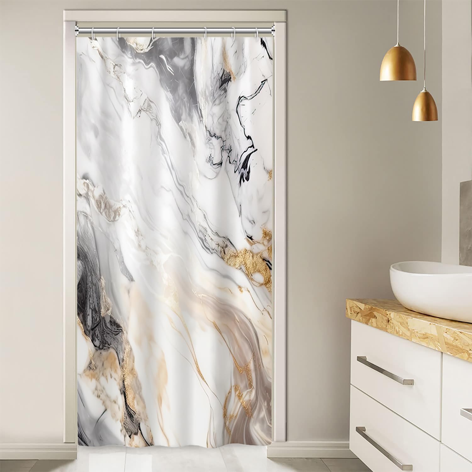 Ruelvth Stall Shower Curtain, White And Gray Marble Small Shower Curtain Modern Waterproof Fabric Rv Shower Curtain Set With Hoo