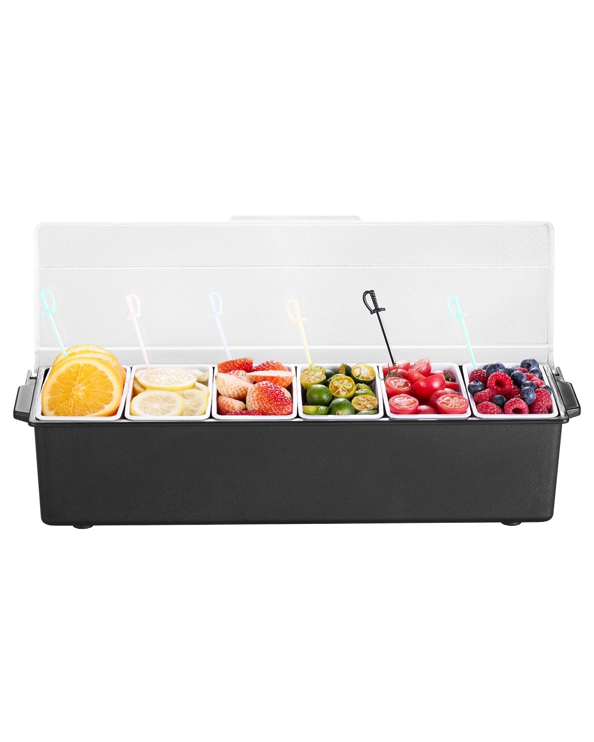 VEVOR Chilled Condiment Server, 6 Compartment Ice Cooled Condiment Serving Container, Chilled Garnish Tray Bar Caddy with Lid, f