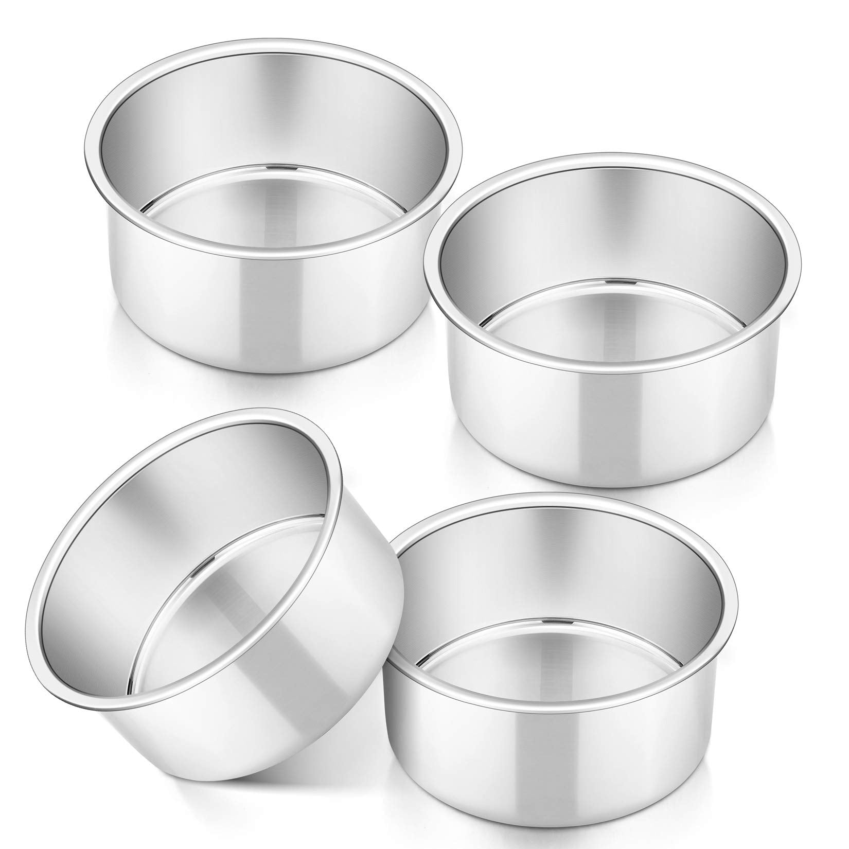 P&P Chef 4 Inch Small Cake Pan Set Of 4, Stainless Steel Baking Round Tins Bakeware For Mini Pizza, Quiche, Non Toxic & Healthy,