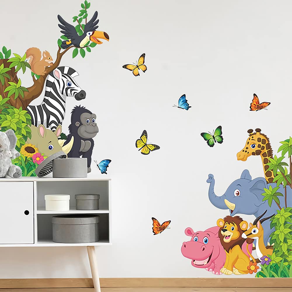 Supzone Cartoon Animal Wall Decal Jungle Animals Wall Stickers Elephant Lion Zebra Butterfly Wall Decor For Kids Baby Diy Vinyl