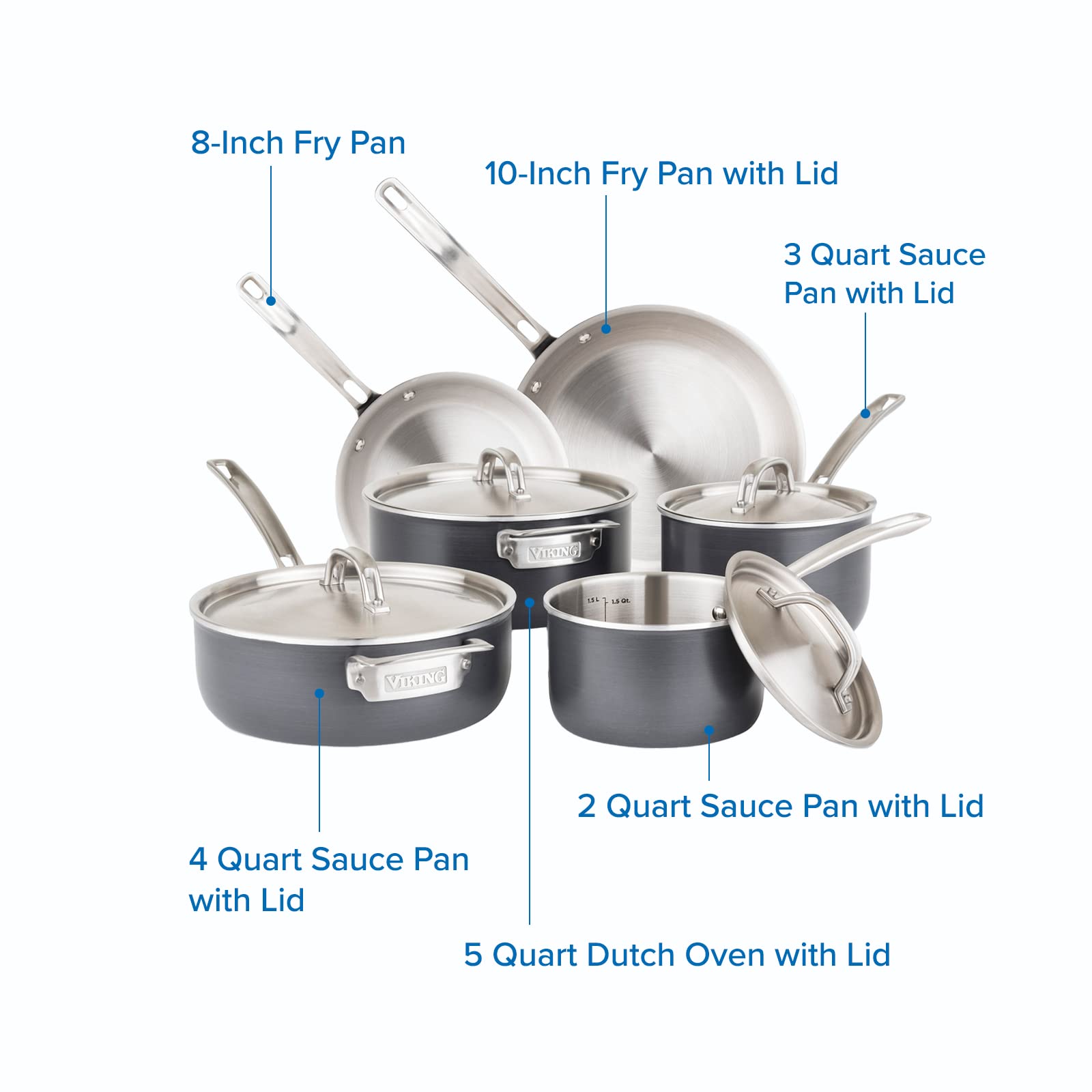 Viking Culinary 5-Ply Hard Stainless Cookware Set, 10 Piece, Hard Anodized Exterior, Dishwasher, Oven Safe, Works on All Cooktop
