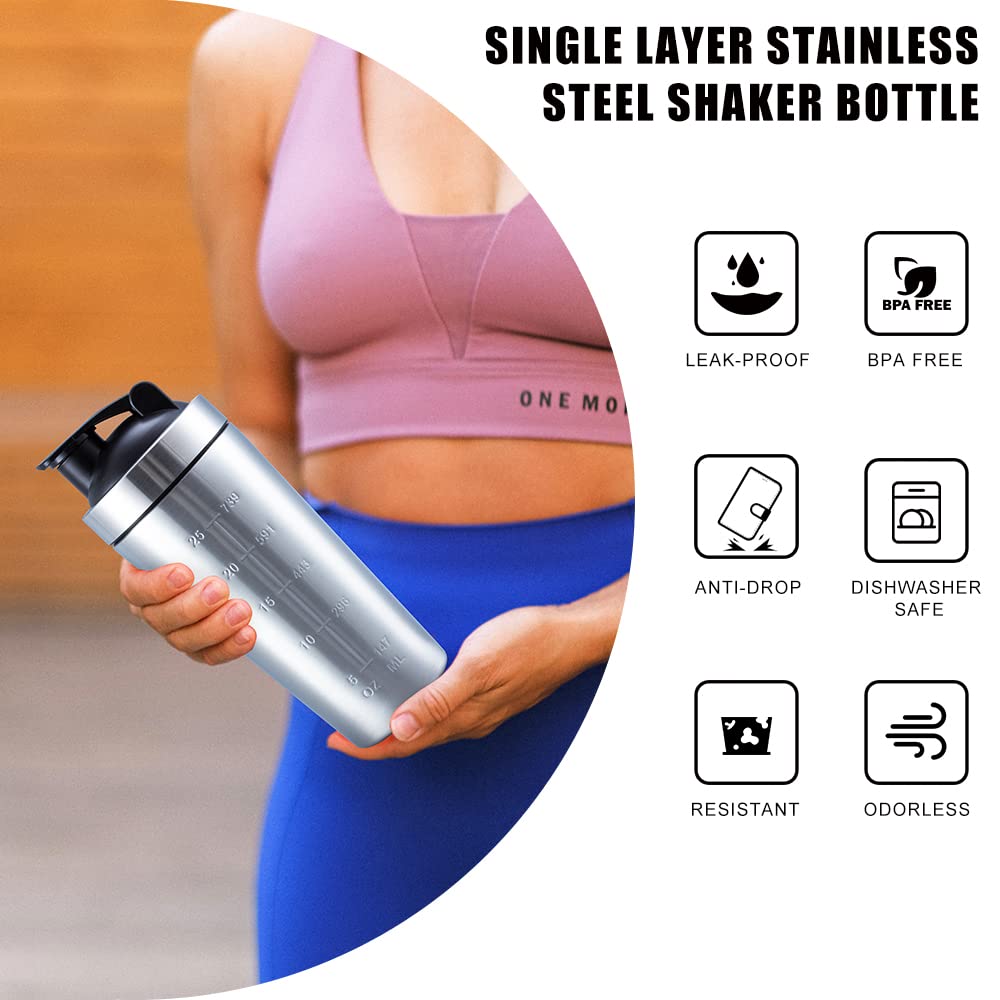 VALESKA Protein Shaker Bottle, 25oz Stainless Steel, Dishwasher Safe, BPA Free, Leak Proof, Silver