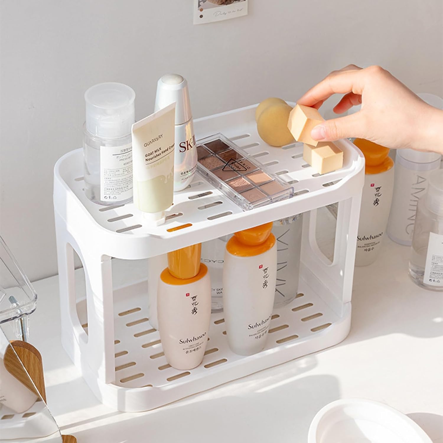 Homava Double Layer Storage Rack For Kitchen Bathroom Office Dorm, Large Capacity Fence Design Cosmetic Storage Holder Desk Side