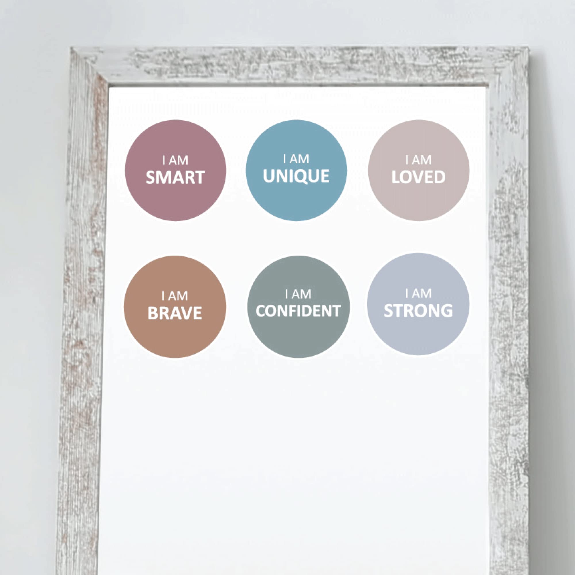 Affirmation Mirror Decals - Set Of 6 Colorful Vinyl Circle Dot Stickers I Am Smart, Unique, Loved, Brave, Confident - Bathroom B