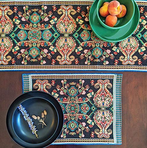 Tache Rococo Elegant Ornate Black Green Paisley Dining Cotton Linen Tapestry Woven Table Runner With Tassels 13X90