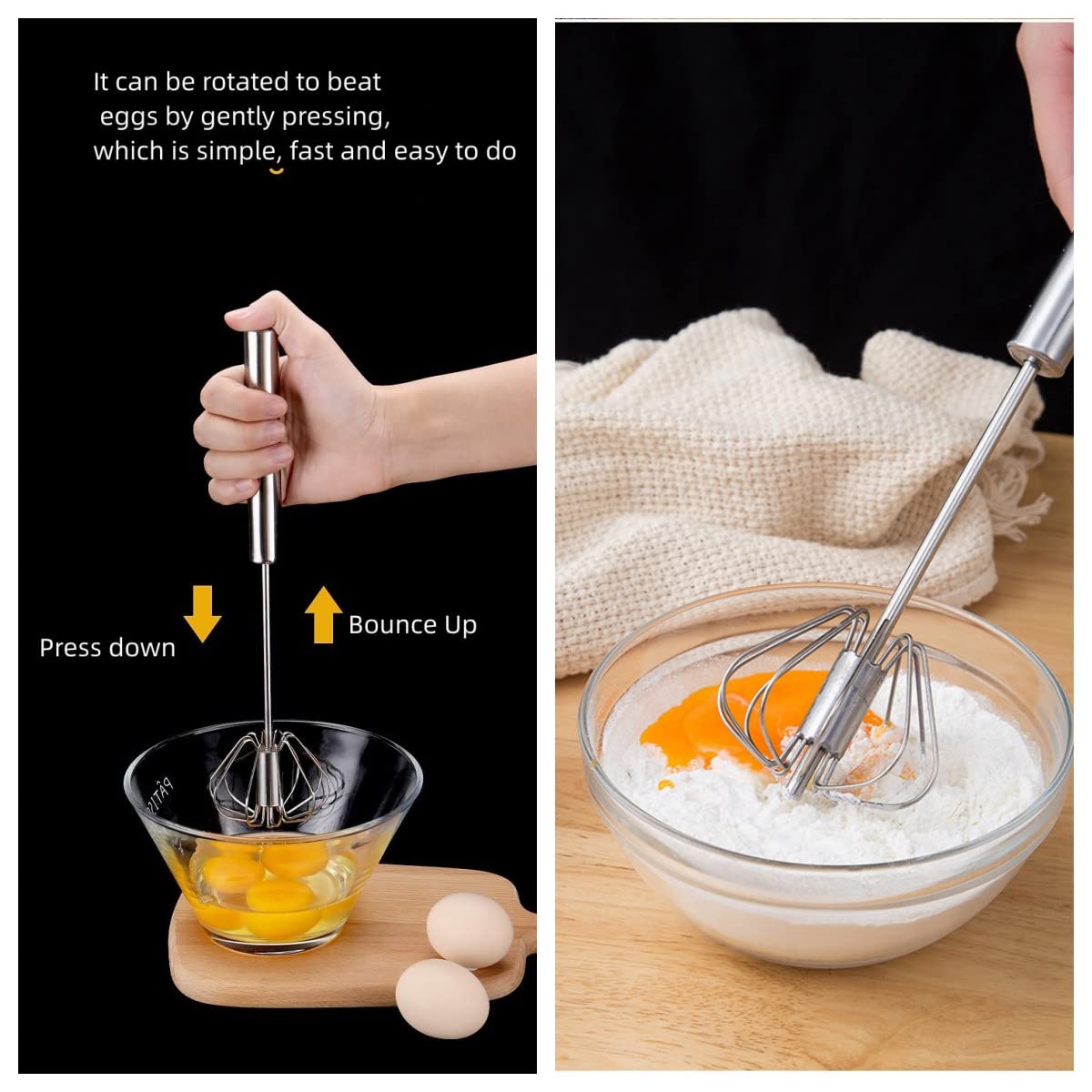 Stainless Steel Egg Whisk, Hand Push Rotary Whisk Blender Versatile Milk Frother Hand Push Mixer Stirrer Make Froth, Foam & Whip