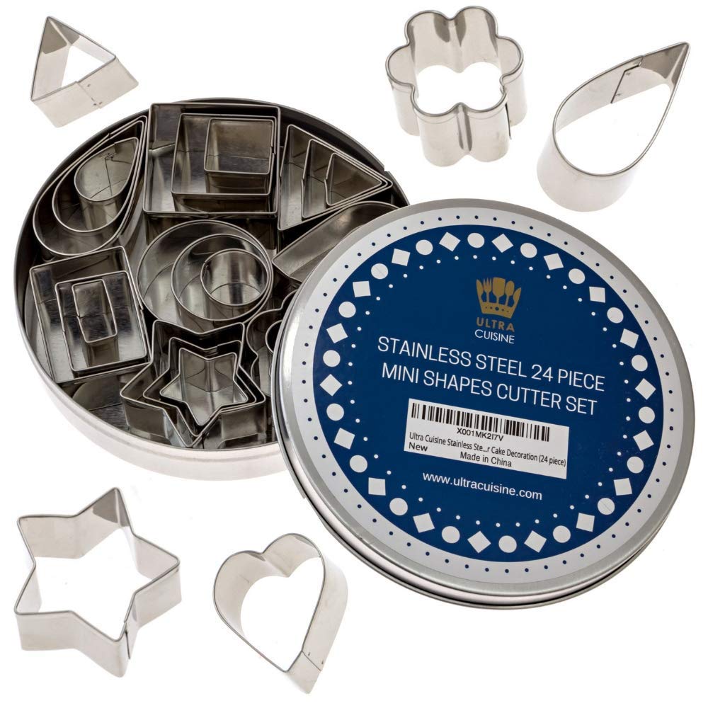 Ultra Cuisine Mini Cookie Cutter Shapes Set - 24 Small Molds To Cut Out Pastry Dough Pie Crust & Fruit - 304 Durable Stainless S
