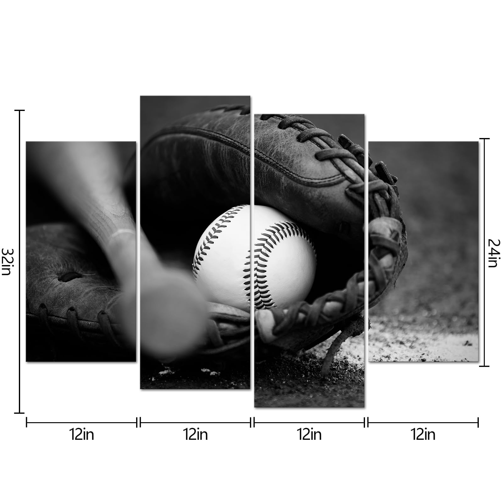 Homeoart Baseball Wall Art Boys Bedroom Decor Black And White Framed Ready To Hang Large 4 Pieces