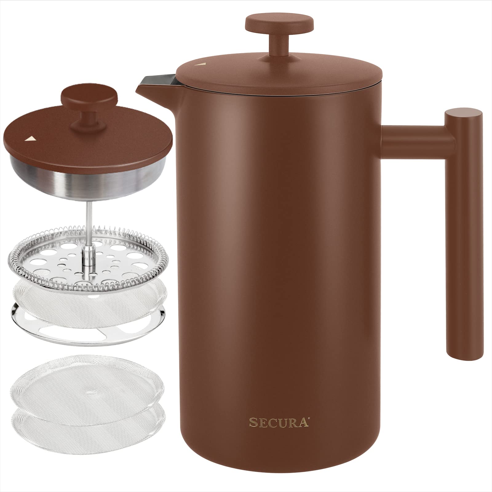 Secura French Press Coffee Maker, 304 Grade Stainless Steel Insulated Coffee Press With 2 Extra Screens, 34Oz (1 Litre), Coffee