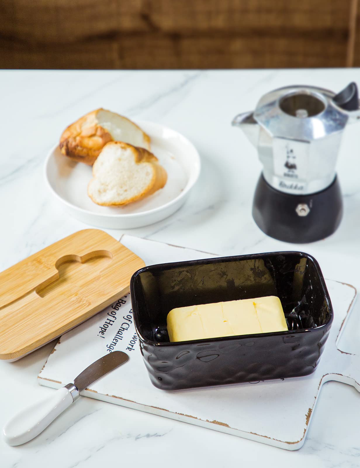 Stone Butter Dishes With Covers - Large Ceramic Butter Dish For Countertop - Double Silicone Seal - Black