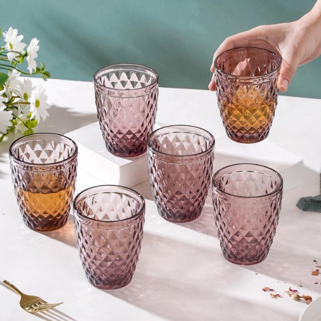 Nestasia Mauve Set of 6 Crystal Water Glasses |Juice Glasses | Drinking Glasses | Glass Tumblers (Set of 6, 250ml)