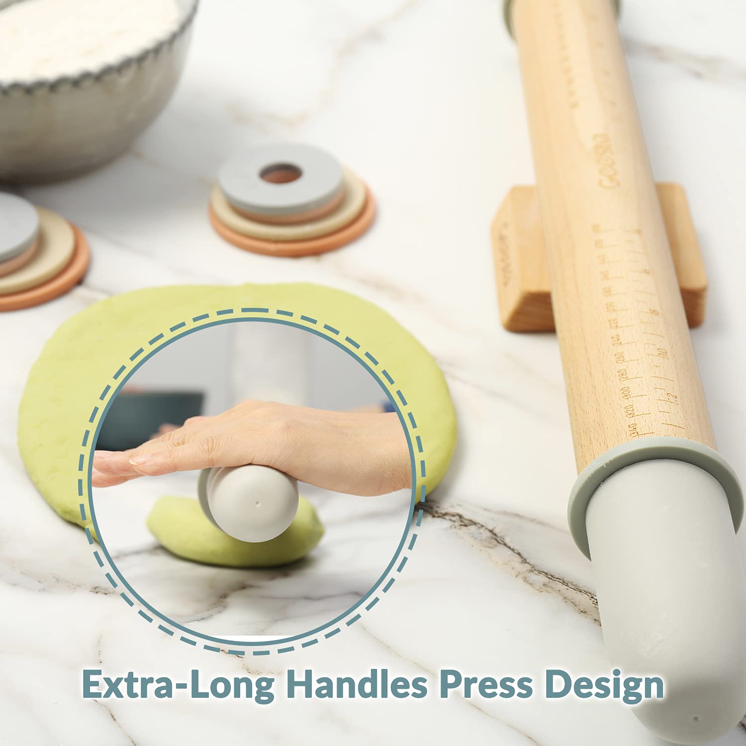 Geesta Adjustable Wood Rolling Pin with 5 Thickness Rings, Dough Roller, Measurement Guide for Baking, Model GETA057