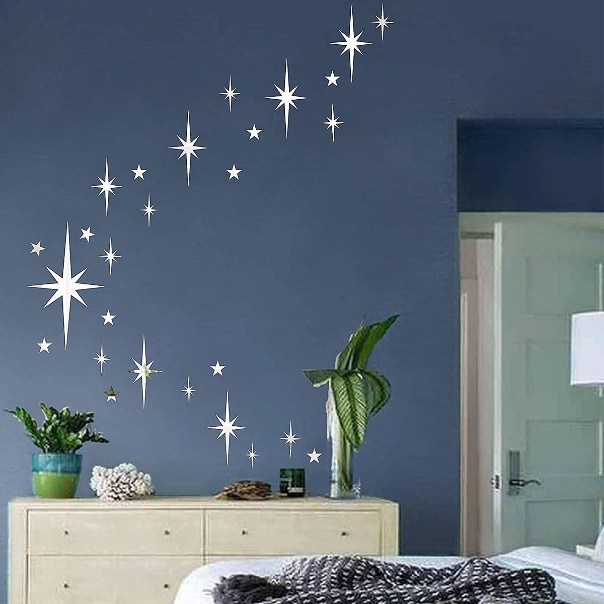 Retro Starburst Mirror Wall Decals Silver 3D Acrylic Sparkle Wall Decors Star Wall Stickers Removable Star Decals Bathroom Bedro