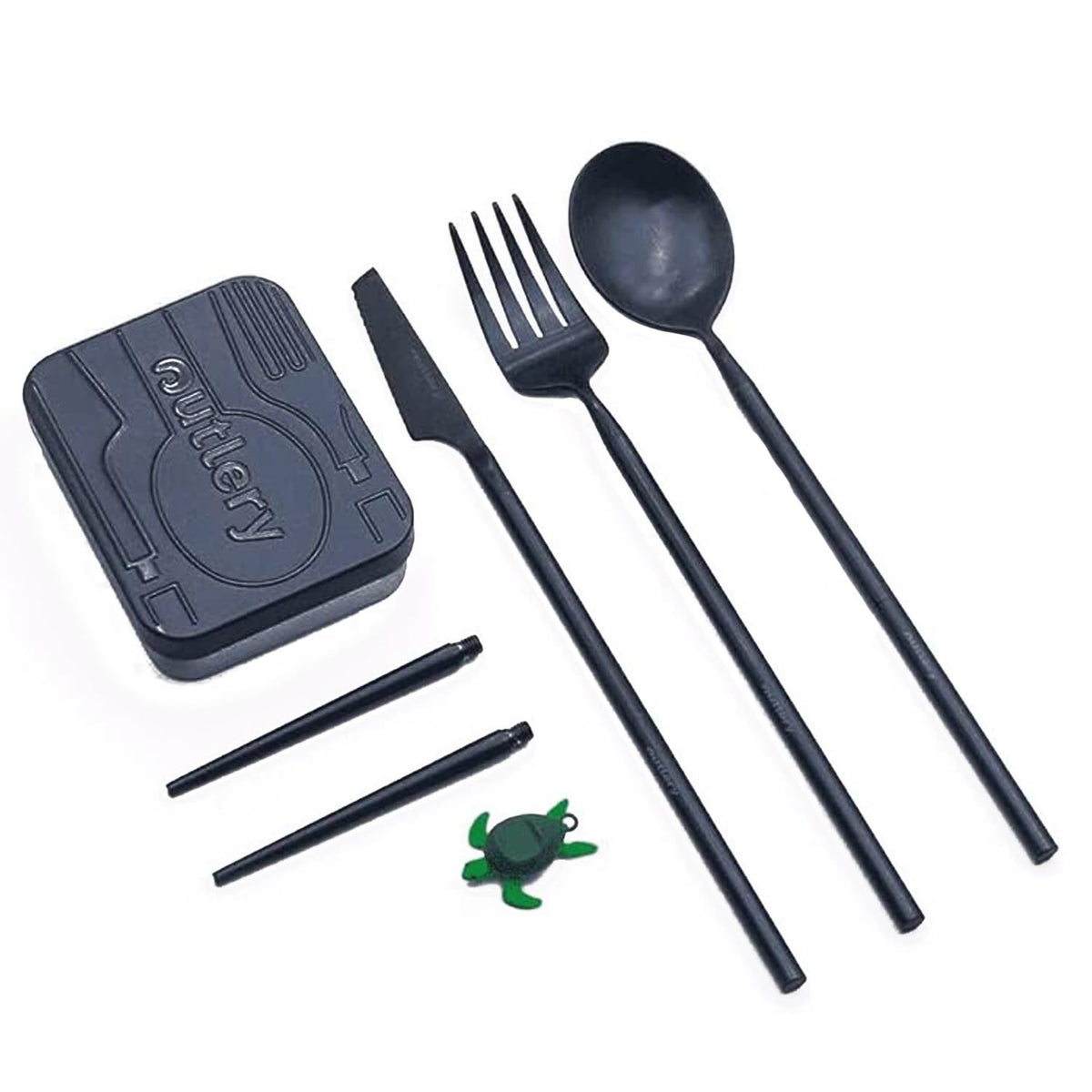 Outlery | Portable & Reusable Stainless Steel Travel Cutlery Set And Reusable Chopsticks (Whale Blue) Pocket Sized Cutlery Set