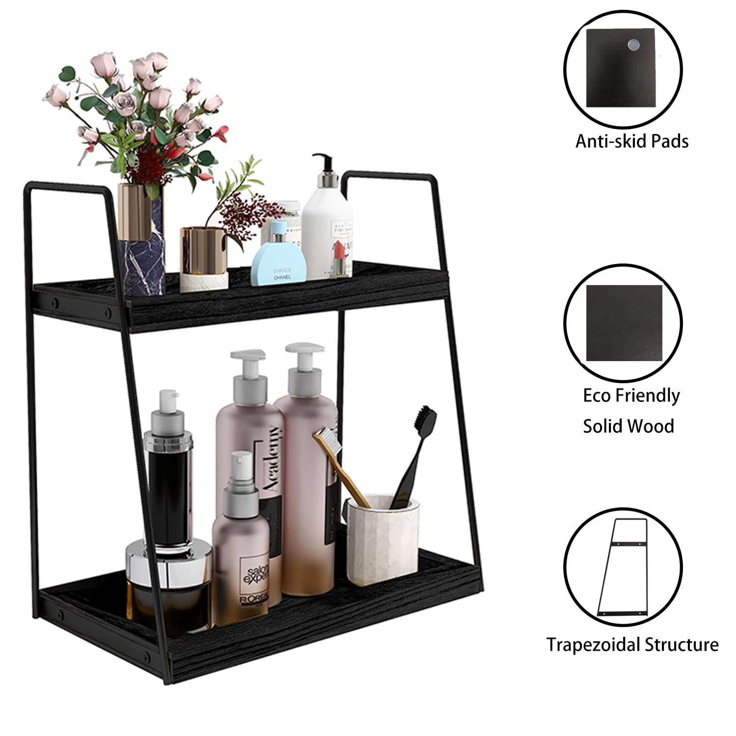 Dorhors 2 Tier Bathroom Countertop Organizer,Wood Bathroom Counter Organizer Shelf,Counter Standing Rack Cosmetic Holder,Kitchen