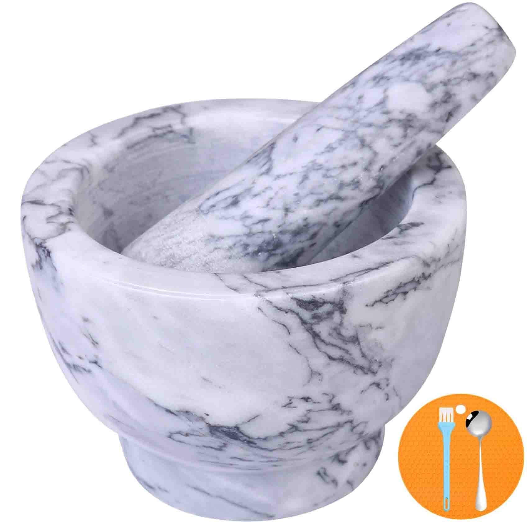 Mortar And Pestle Set, Guacamole Bowl Polished Natural Marble Stone, Grinder And Crusher, With Silicone Mat & Spoon-300Ml(Light