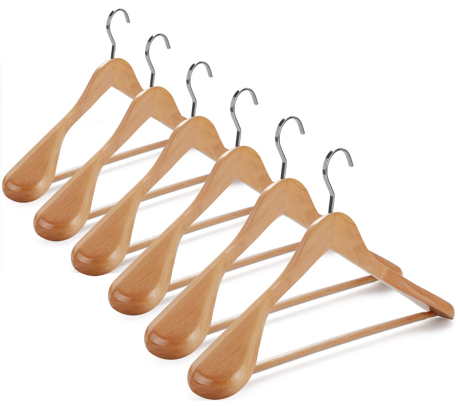 Topia Hanger Set Of 6 Luxury Natural Wooden Coat Hangers, Premium Wood Suit Hangers, Glossy Finish With Extra-Wide Shoulder, Thi