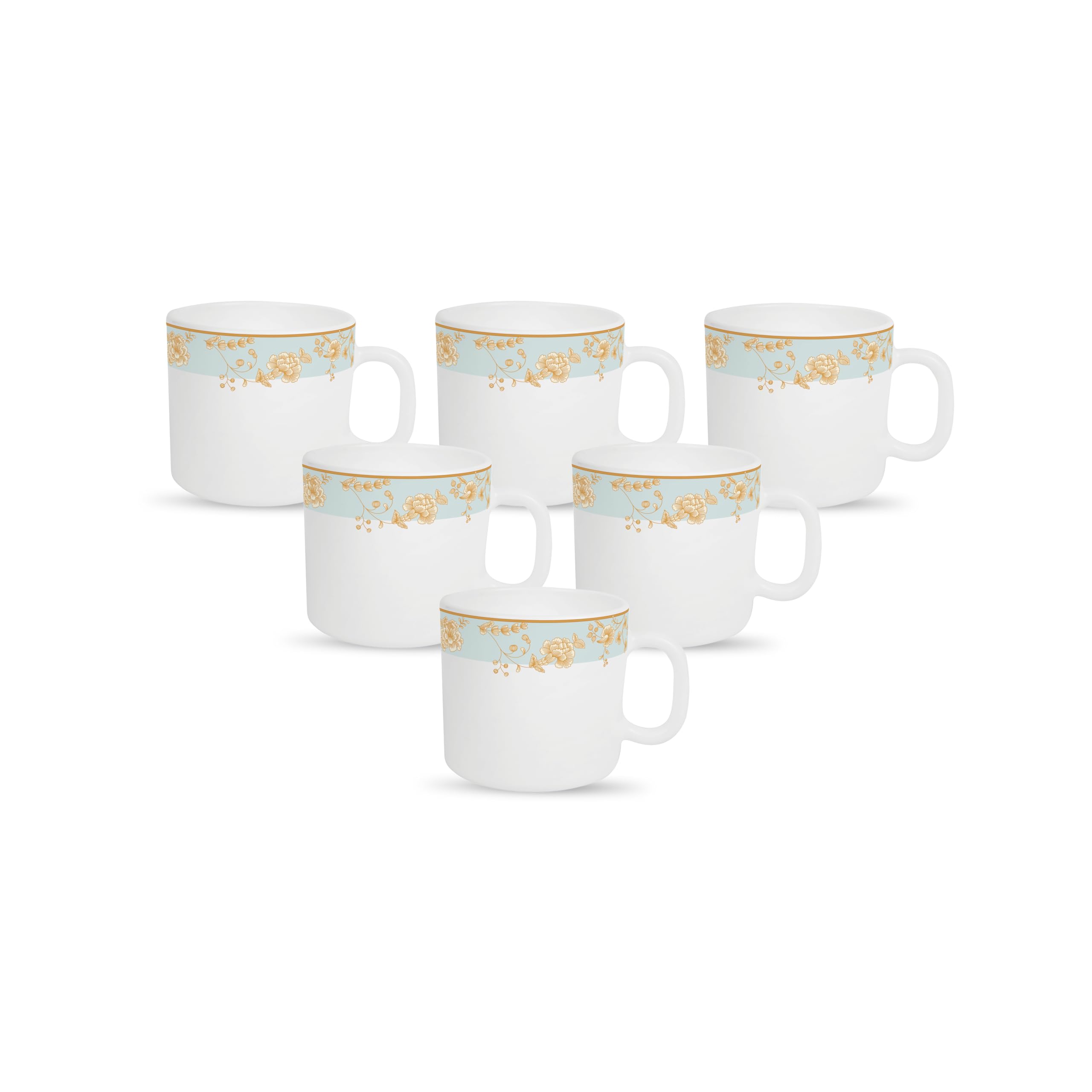 La Opala Diva, Sovrana Collection Opal Glass Crockery | Coffee Mug Regular, Set of 6 | Medusa Gold, 190 ml | for Tea & Coffee | 