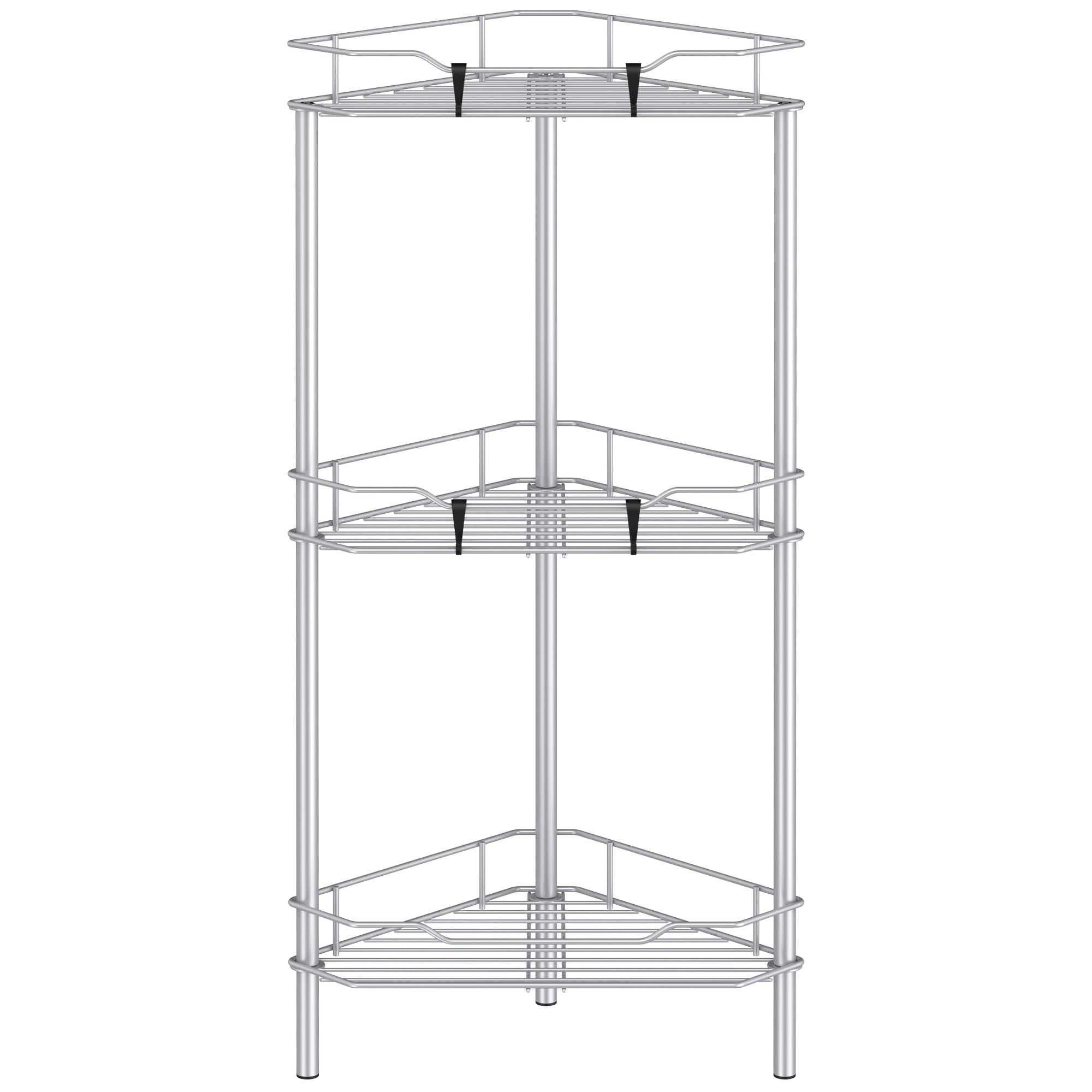 Huggiegems 3 Tier Floor Standing Corner Shower Caddy Organizer Shelf With Hooks, Bathroom Shelves Stand Rack, Silver