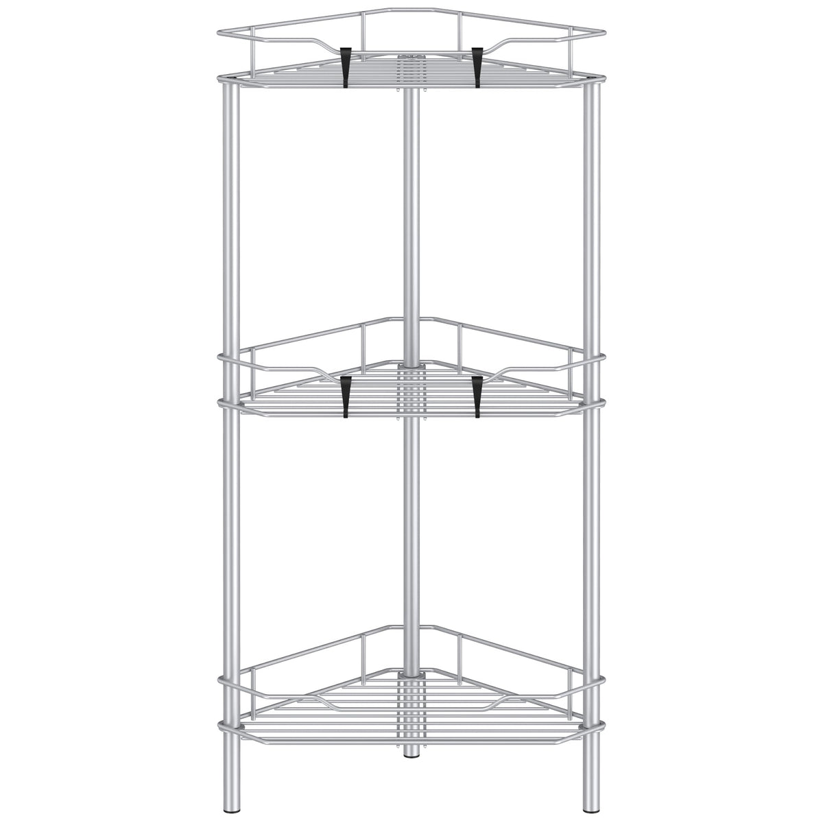 Huggiegems 3 Tier Floor Standing Corner Shower Caddy Organizer Shelf With Hooks, Bathroom Shelves Stand Rack, Silver