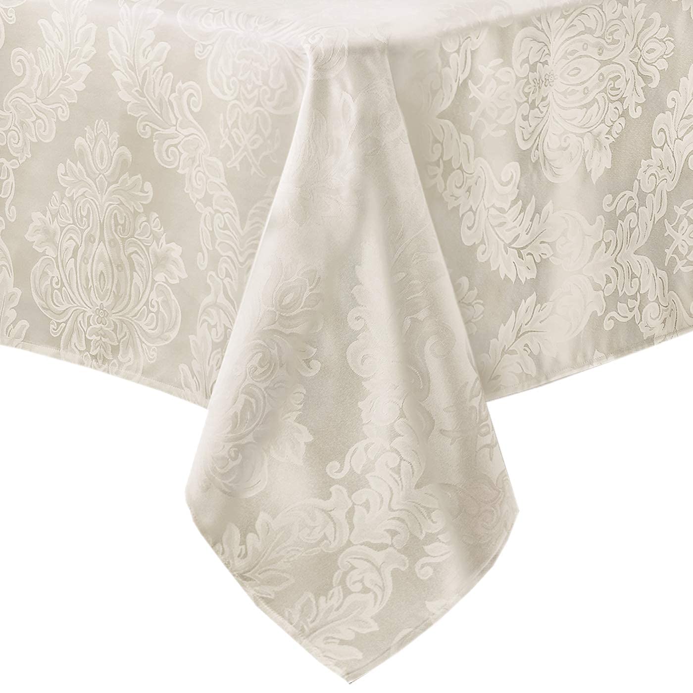Newbridge Barcelona Luxury Damask Fabric Tablecloth  100% Polyester  No Iron  Soil Resistant Dining Room  Party Banquet and Holiday Tablecloth  90 Inch Round  Antique White