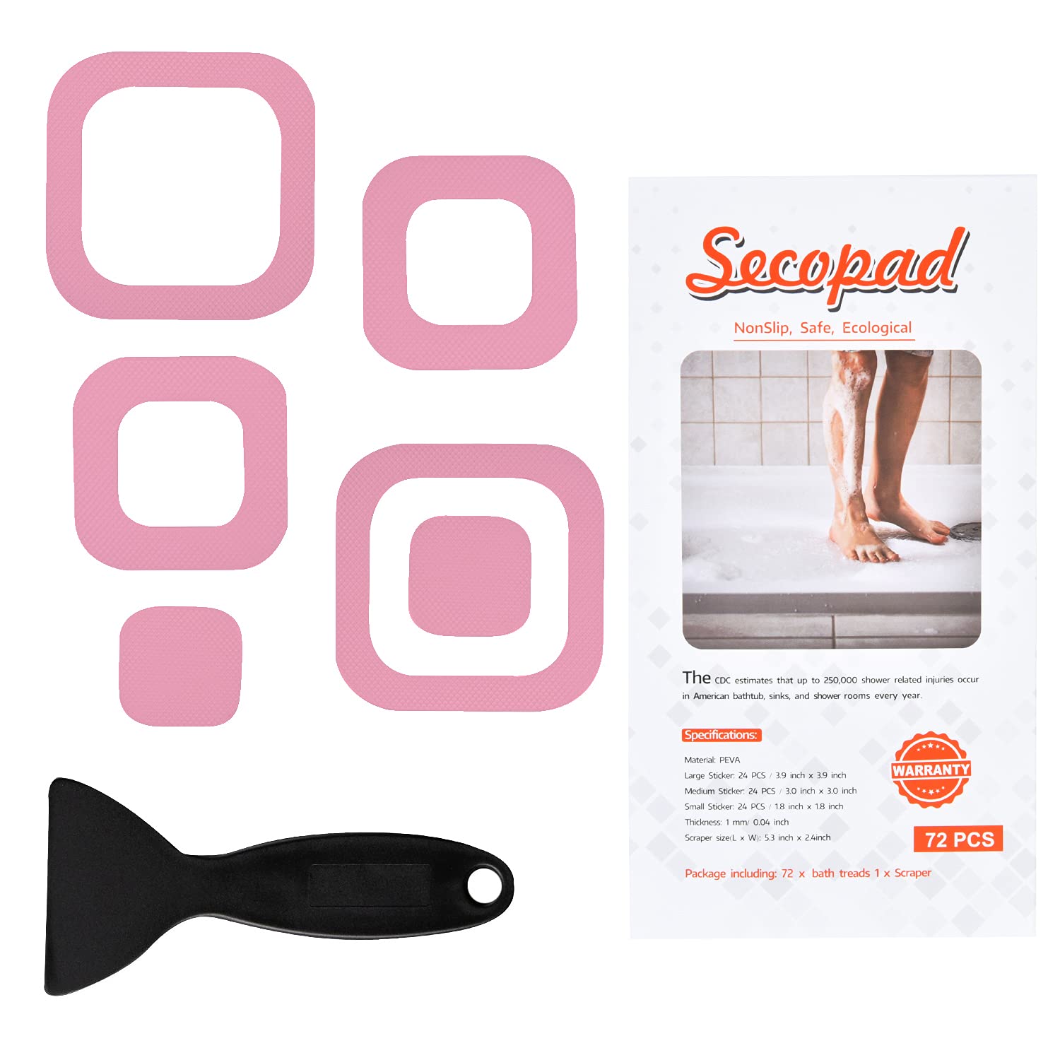 Secopad Non-Slip Bathtub Stickers, 72 Pcs Safety Bathroom Tubs Showers Treads Adhesive Decals Scraper (Pink)