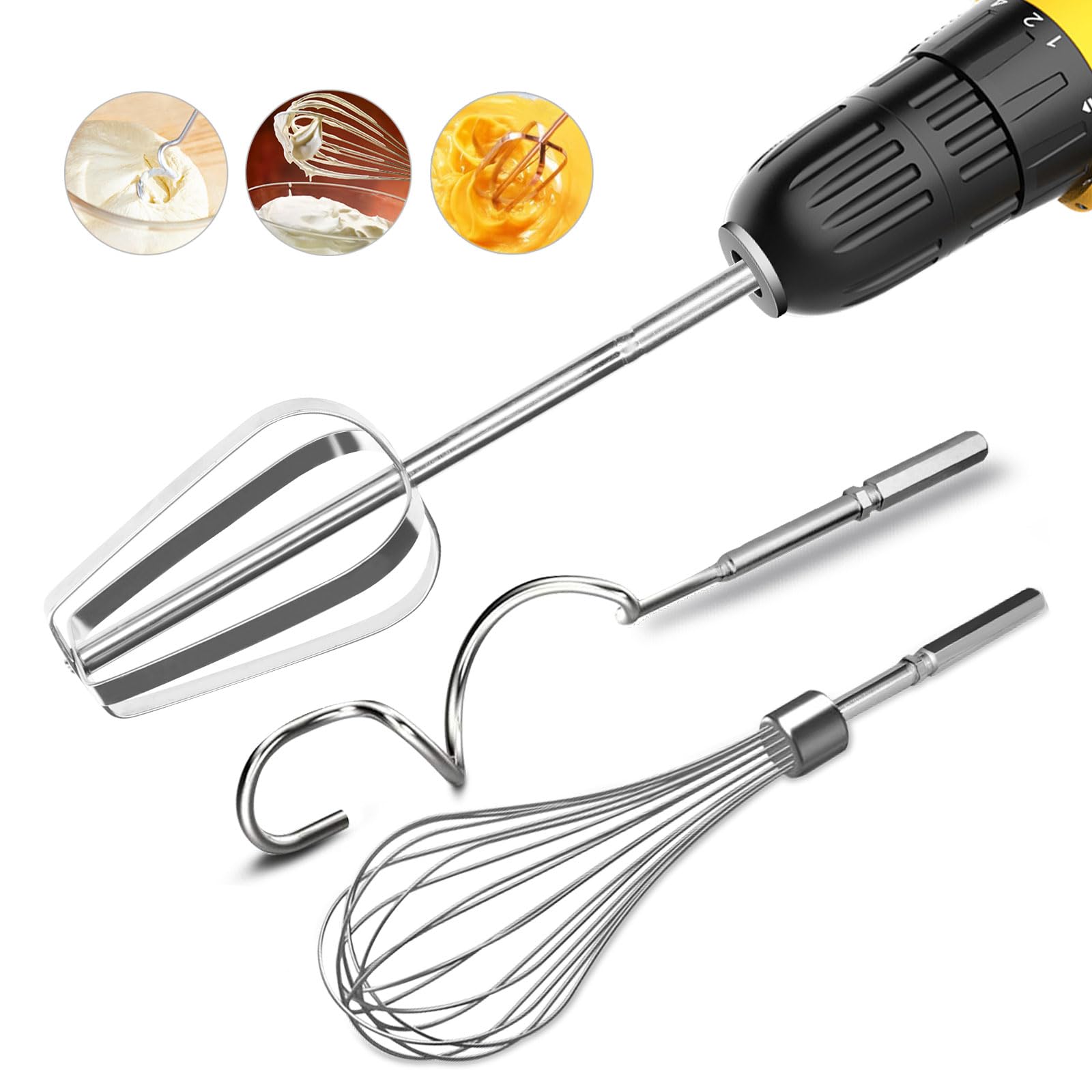 3Pcs Hand Mixer Electric Attachments Set For Drill, Homicozy Stainless Steel Mixer Electric Handheld Egg Beater, Whisk & Dough H