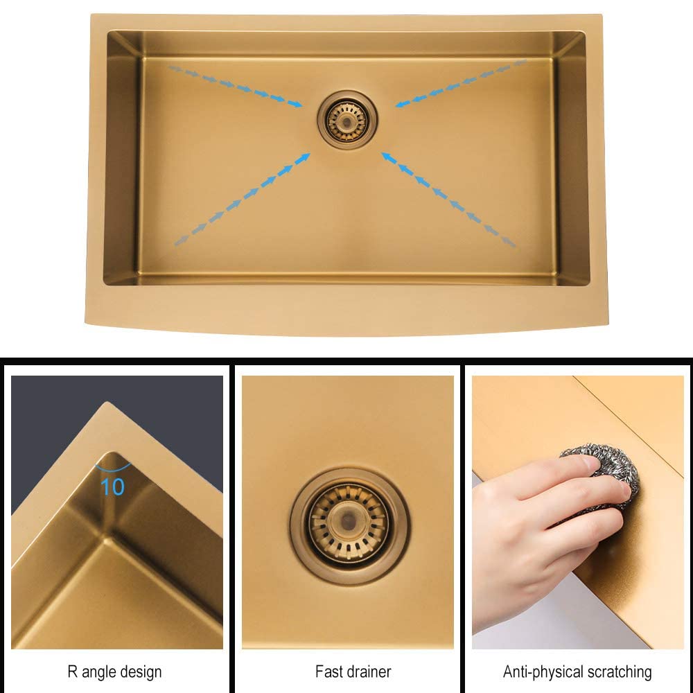 Lordear Gold Farmhouse Sink 36 Inch Kitchen Sink Apron Front 16 Gauge Matte Gold Stainless Steel Deep Single Bowl Farm Sinks Bas