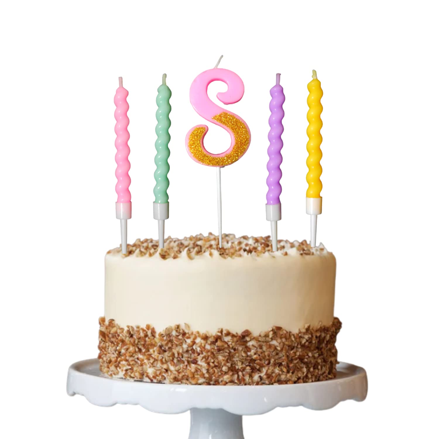 Party Decorz Number 8 Candle | Eight Number Candle | Eight Number Pink Glitter Candle with Pastel Twisted Candle Set of 5pcs for