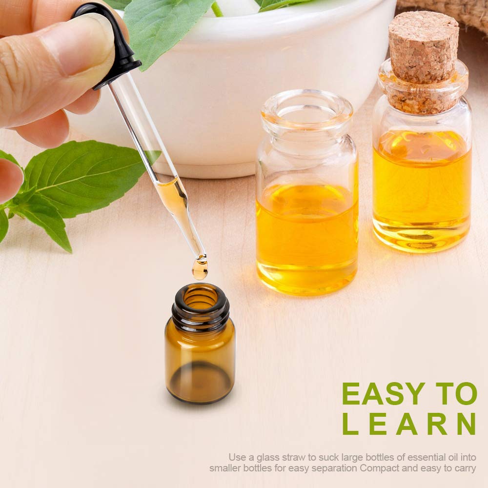 Teenitor Oil Bottles for Essential Oils  36 Pcs 2 ml (5/8 Dram) Amber Glass Vials Bottles  with Orifice Reducers and Black Caps  with 2 Free Glass Transfer Eye Droppers