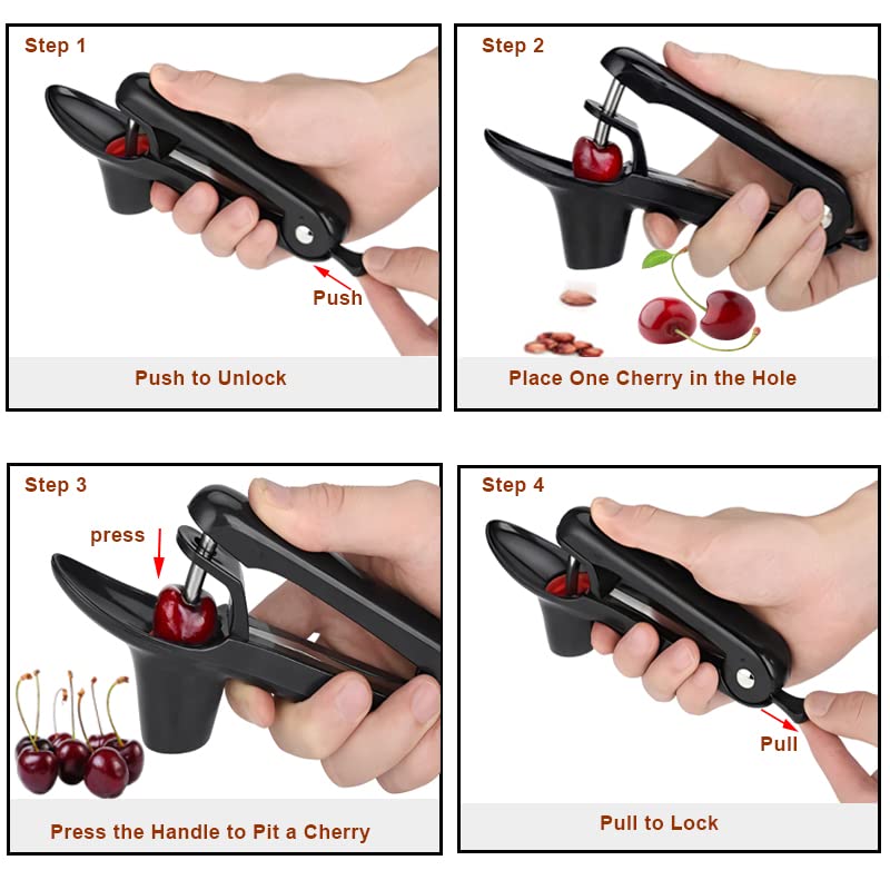 Cherry Pitter - Heavy-Duty Stainless Steel Olive and Cherry Pitters Corer Tool with Space-Saving Lock Design  Multi-Function Cherries Stoner Seed Remover Tool for Making Cherry Jam (Black)