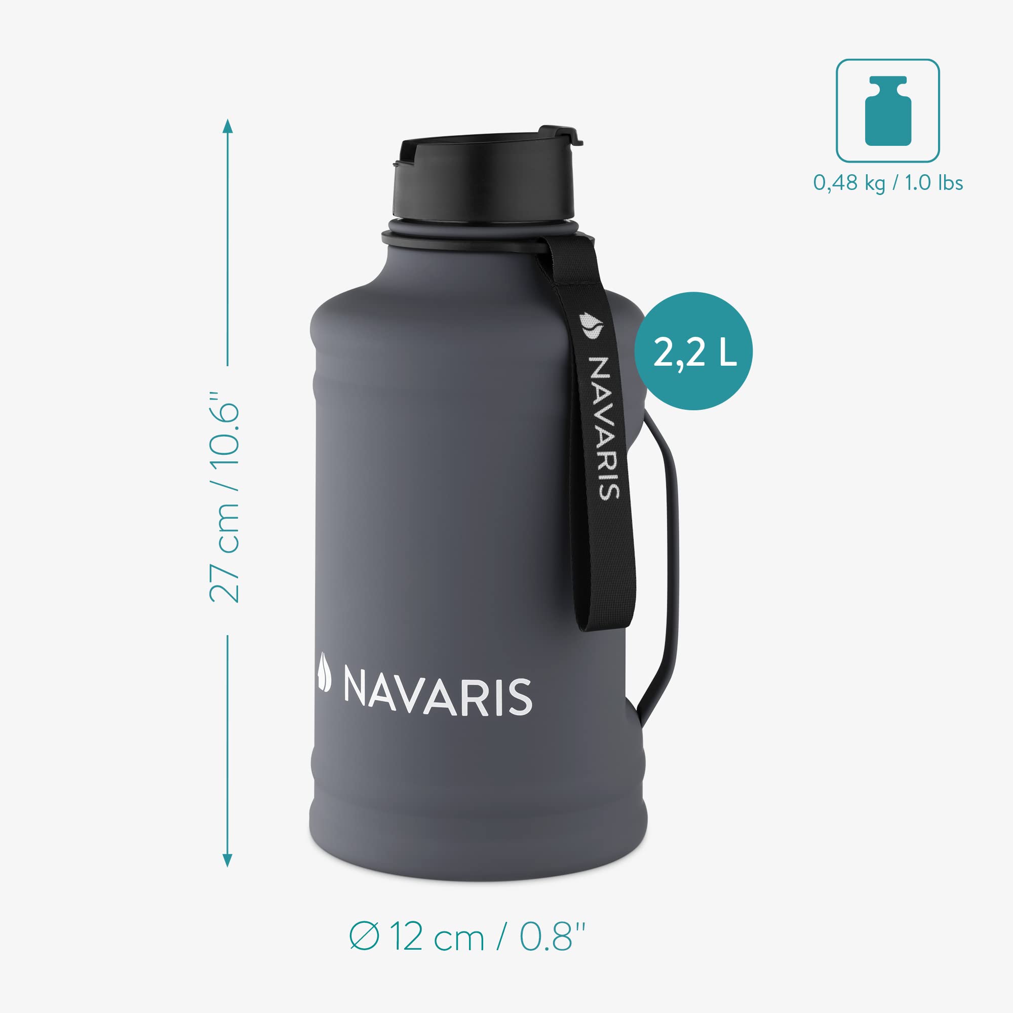 Navaris Half Gallon Water Bottle With Handle - Single-Walled 74 Oz (2.2L) Stainless Steel Water Jug - Large Reusable Metal Drink