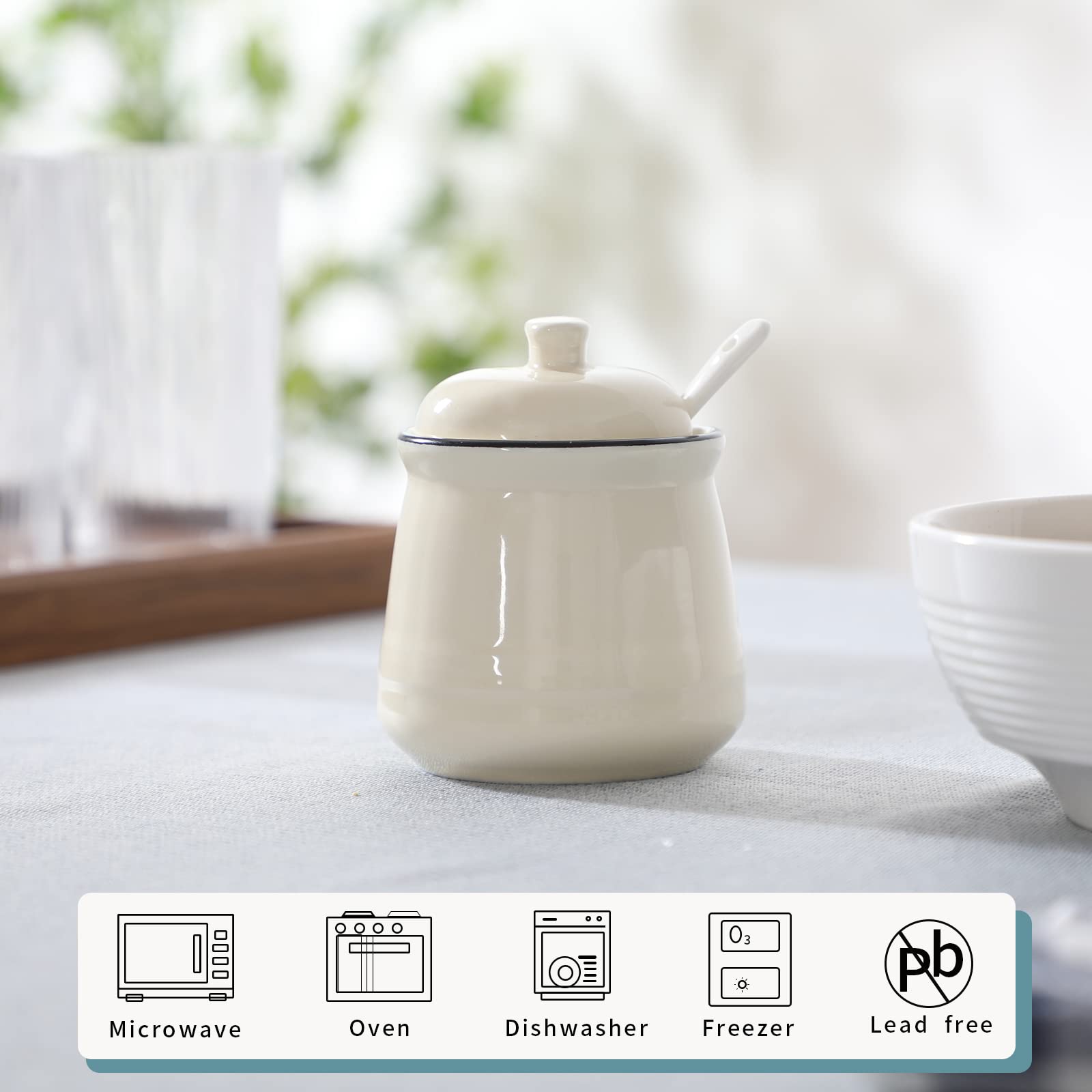 HAOTOP Porcelain Salt Bowl with Lid and Spoon Ceramic Sugar Bowl 12oz (Beige)