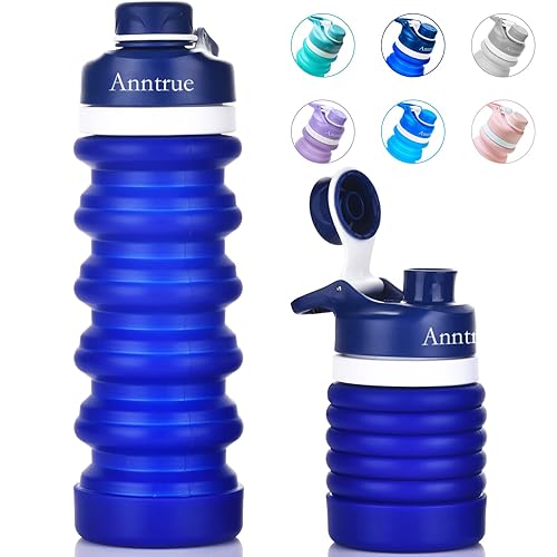 Anntrue Collapsible Water Bottle Food-Grade Silicone Portable Leak Proof Travel Water Bottle  18oz(Navy Blue)