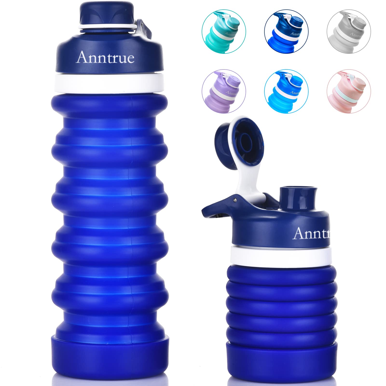 Anntrue Collapsible Water Bottle Food-Grade Silicone Portable Leak Proof Travel Water Bottle, 18Oz(Navy Blue)