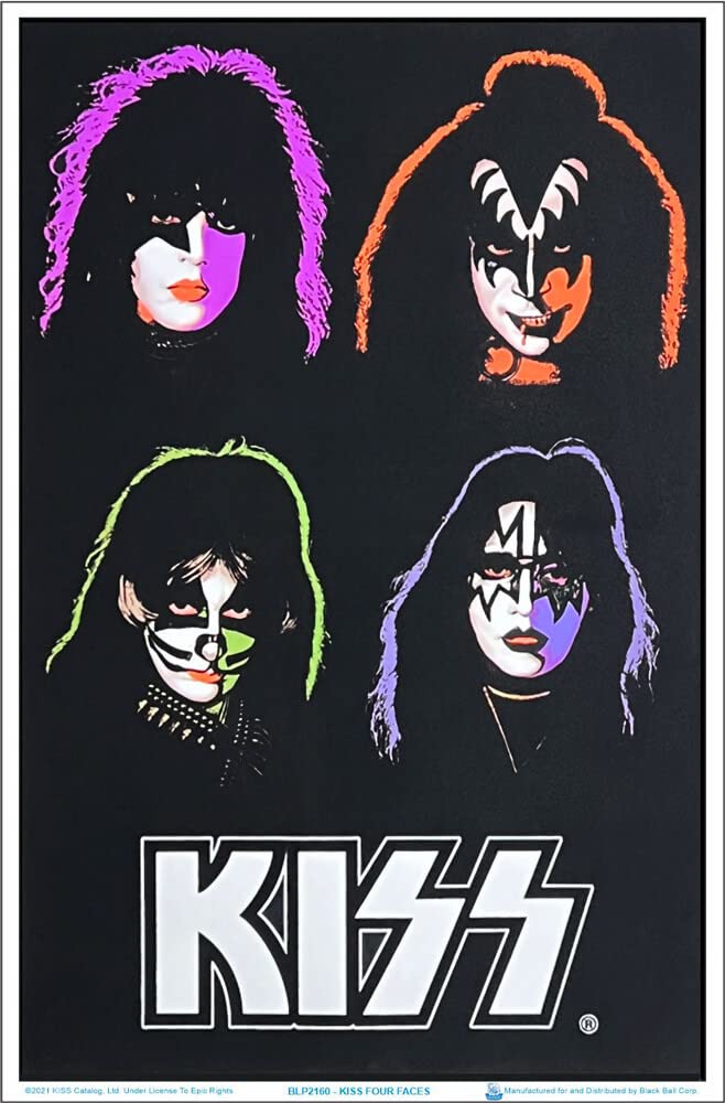 Kiss - Four Faces - Officially Licensed, Authentic Blacklight Flocked Poster - 23'' X 35''