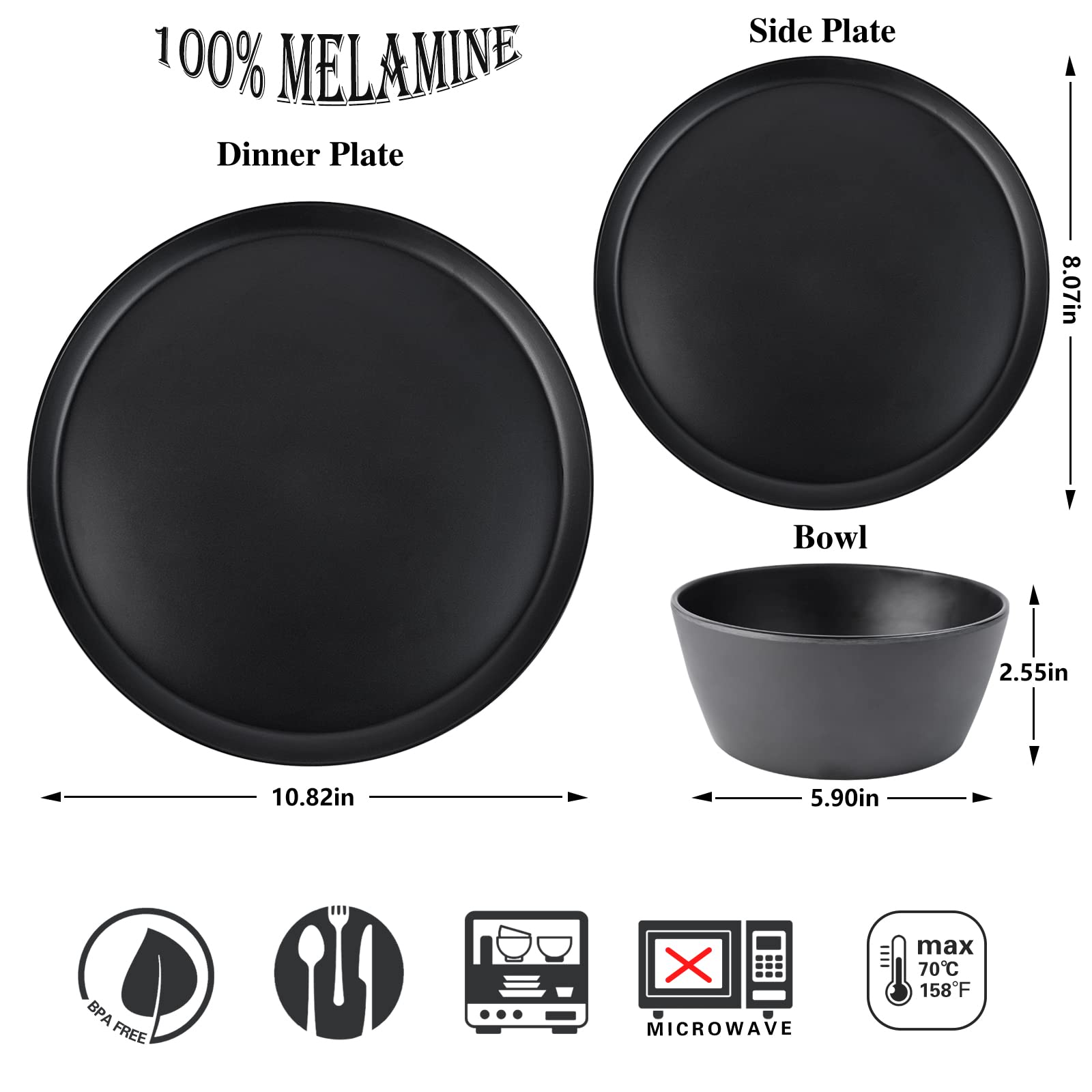 Afcevnlb 12-Piece Plastic Dinnerware Set Plates And Bowls Sets Service For 4 Matte Black Melamine Plates Unbreakable Plastic Out
