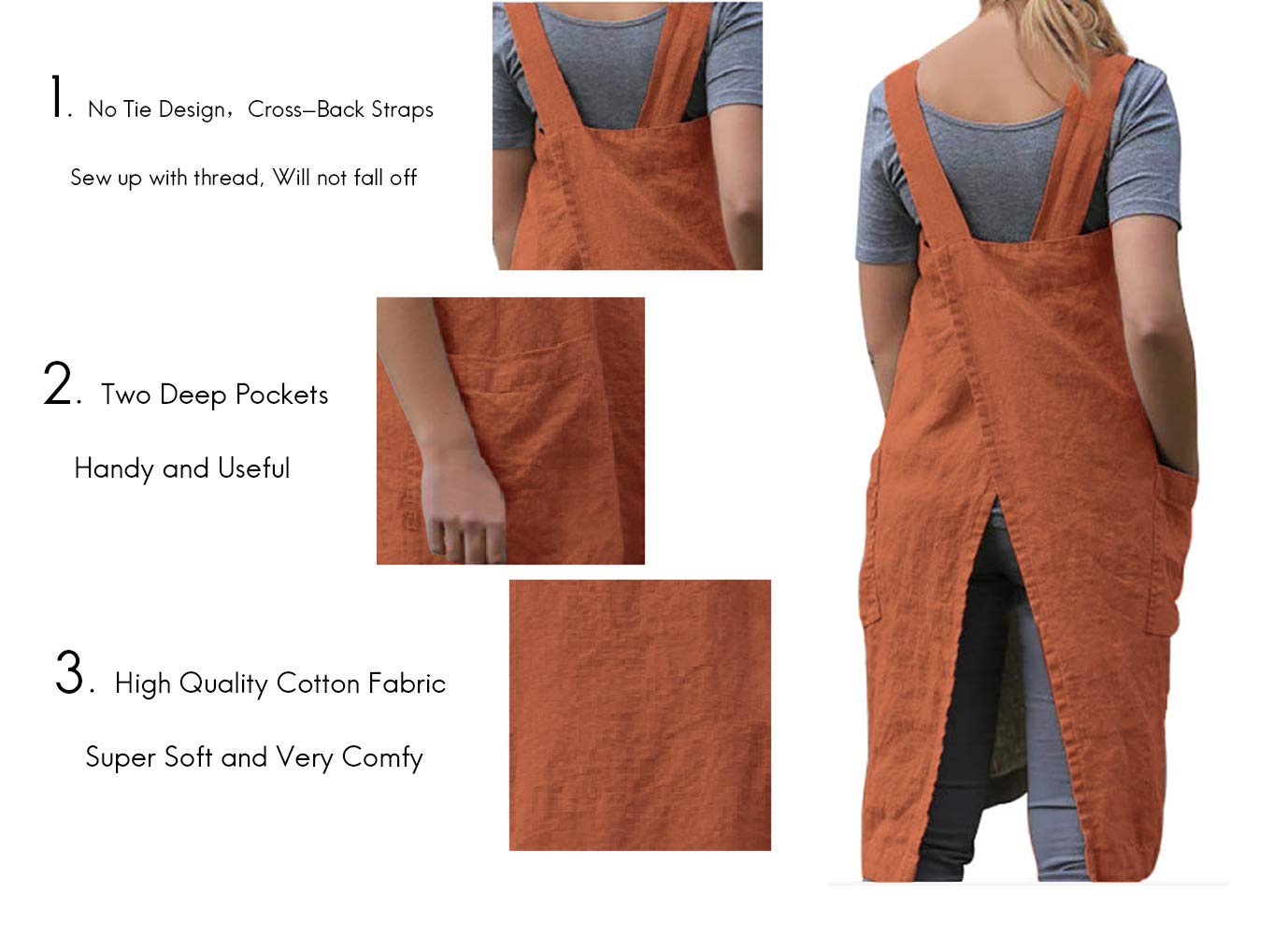 Women 'S Pinafore Square Apron Baking Cooking Gardening Works Cross Back Cotton/Linen Blend Dress With 2 Pockets Orange-Xl
