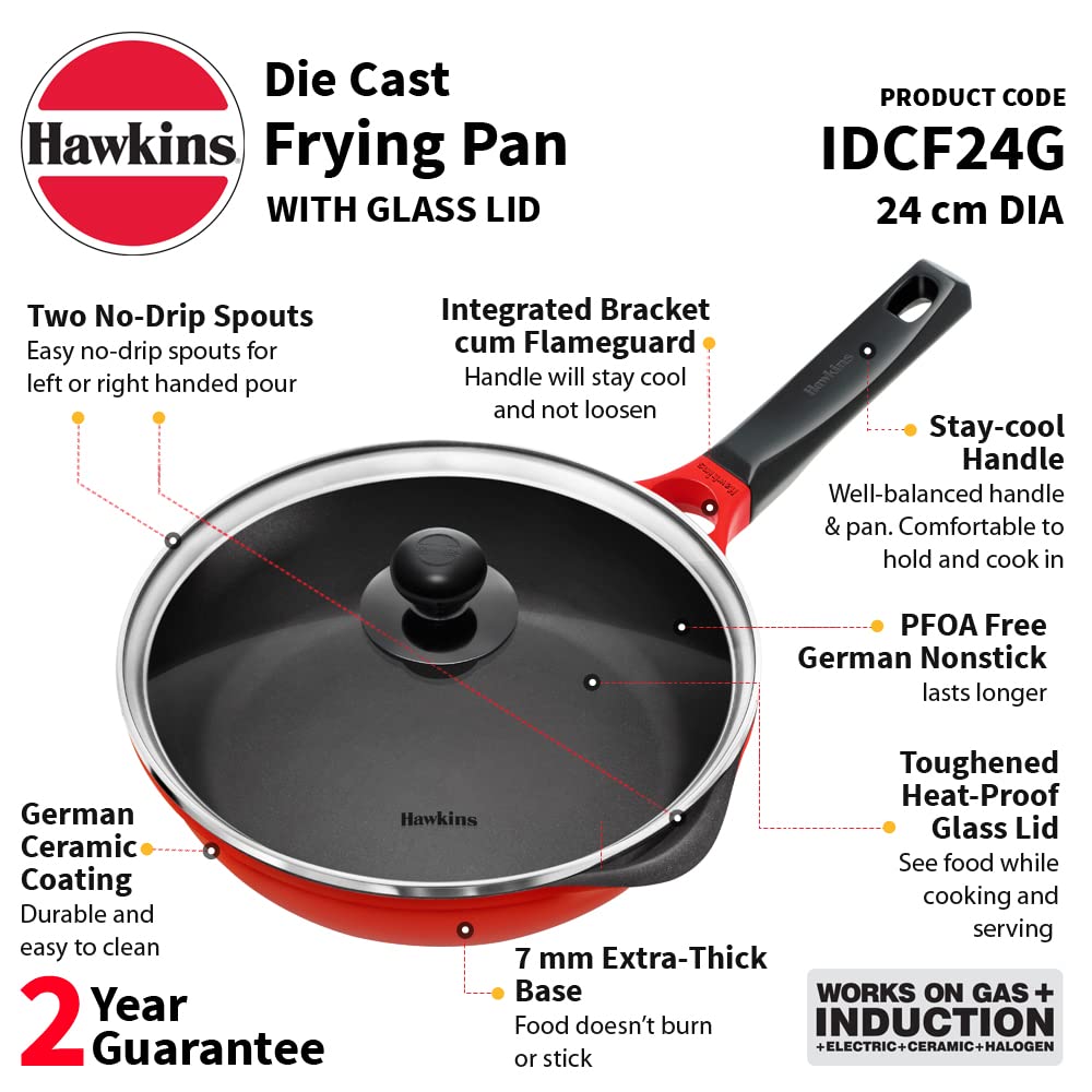Hawkins 24 Cm Die Cast Induction Compatible Frying Pan With Glass Lid, Red (Idcf24G)
