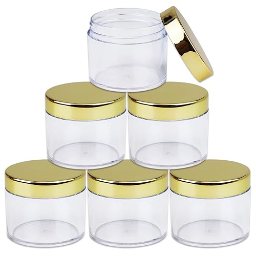 Beauticom 60 Grams/60 ML (2 Oz) Round Clear Leak Proof Plastic Container Jars with Gold Lids for Travel Storage Makeup Cosmetic Lotion Scrubs Creams Oils Salves Ointments (6 Jars)