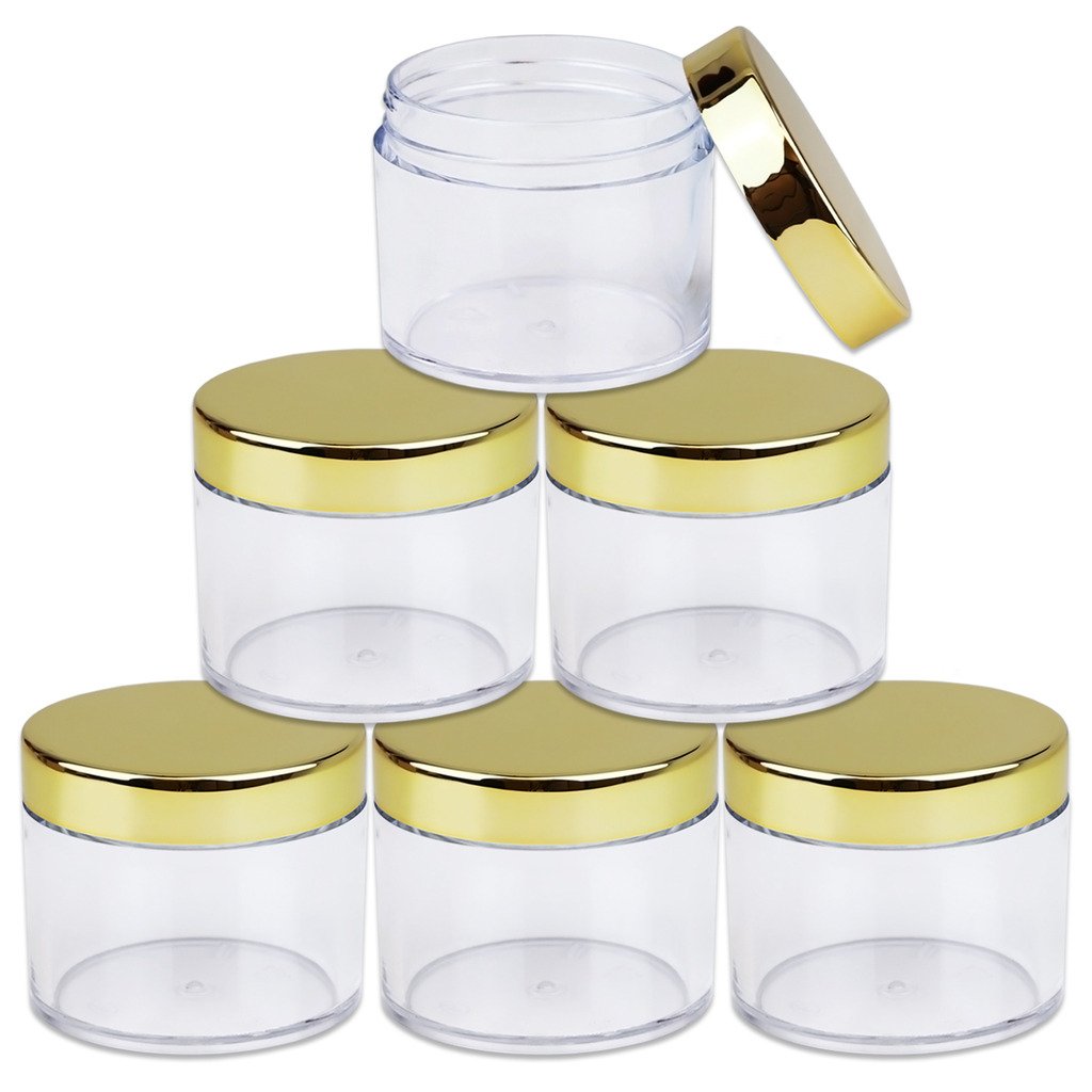 Beauticom 60 Grams/60 Ml (2 Oz) Round Clear Leak Proof Plastic Container Jars With Gold Lids For Travel Storage Makeup Cosmetic