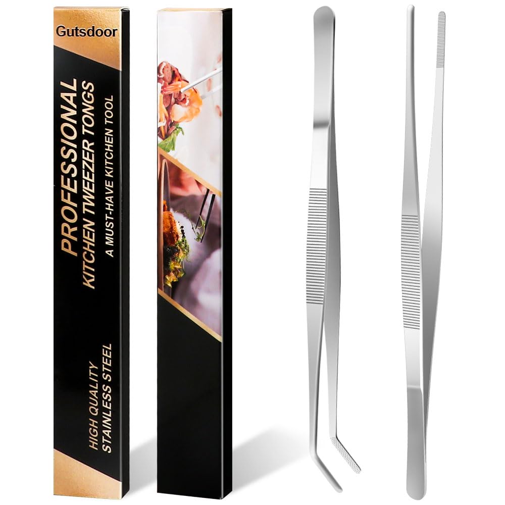 Gutsdoor Kitchen Tweezers Set Stainless Steel Tongs Tweezers Set Of 2 With Precision Serrated Tips For Cooking (8 Inch Set)