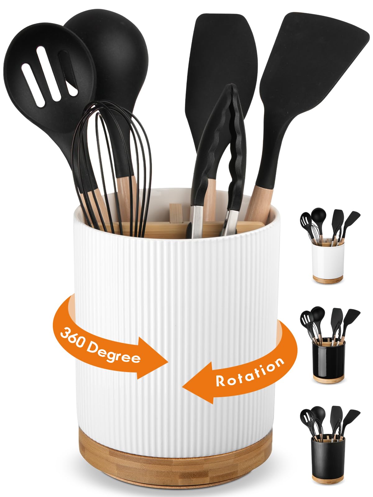 LoeJan 3 Compartment Utensil Holder, Extra Large Utensil Crock, Stable Ceramic Utensil Organizer, Cooking Tool Organizer Set for