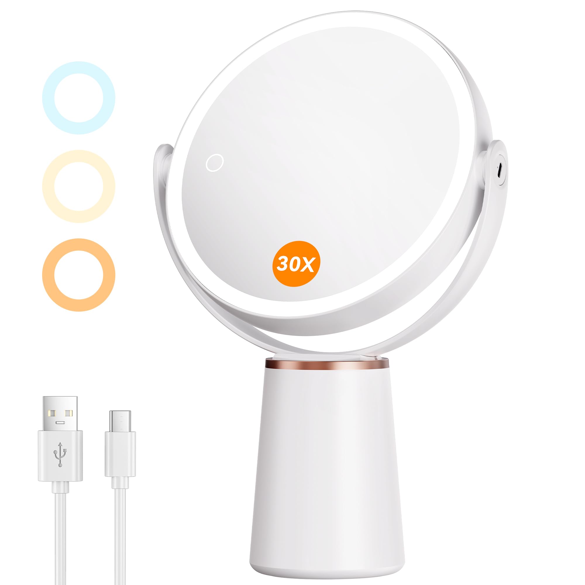 Auxmir Makeup Mirror With Lights, Double Sided 30X/1X Magnifying Mirror, 3 Color Stepless Dimmable Mirrors With Touch Screen, 20