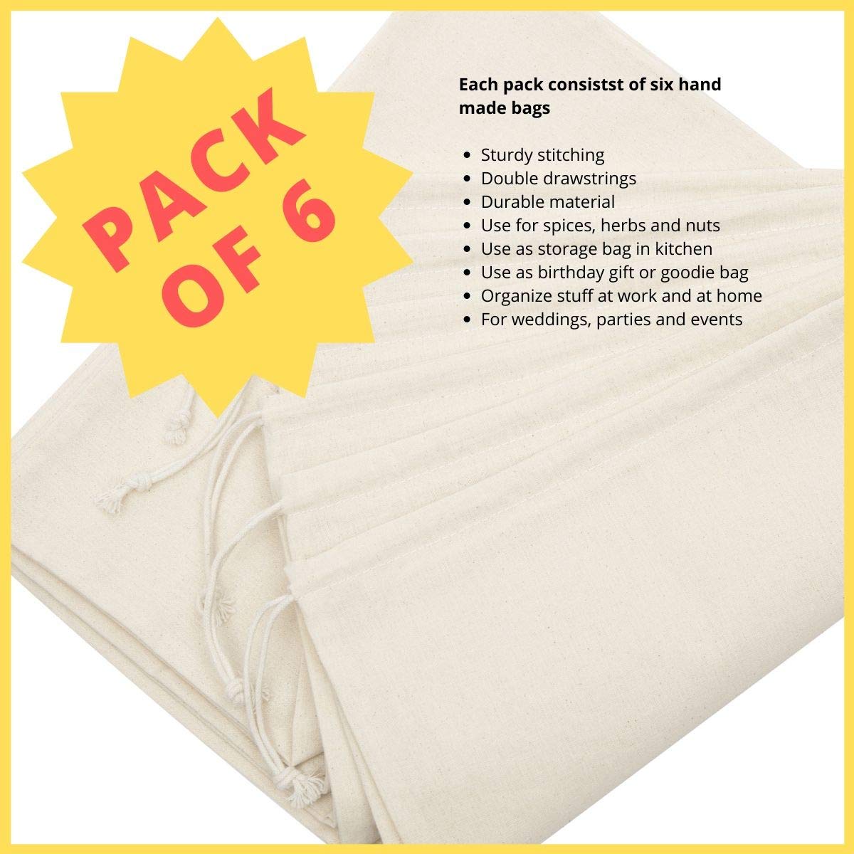 100 Percent Cotton Muslin Drawstring Bags For Shoes Storage Pantry Gifts (12 X 16 Inch - 6 Pack, Beige)