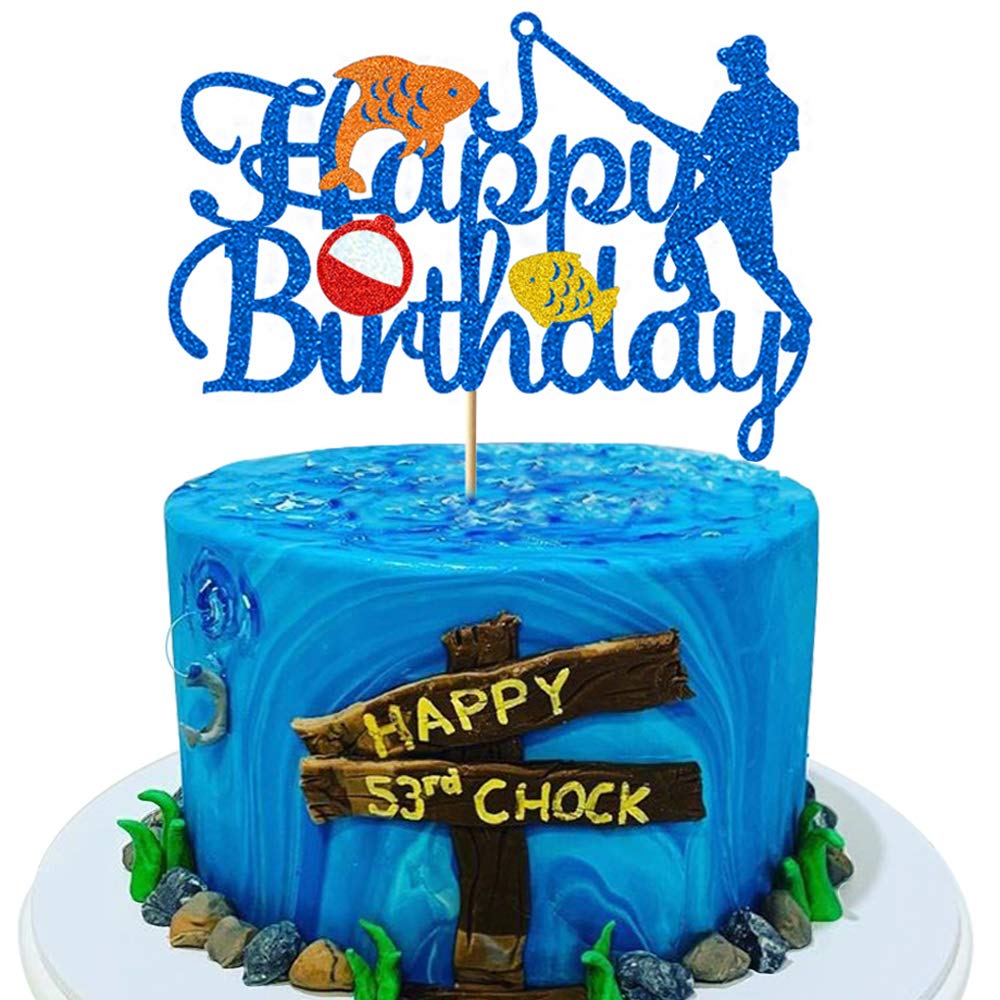 Glorymoment Fishing Cake Toppers Birthday, Glitter Blue Bobber Cake Topper, Fisherman Cake Topper Birthday Fishing Themed Party