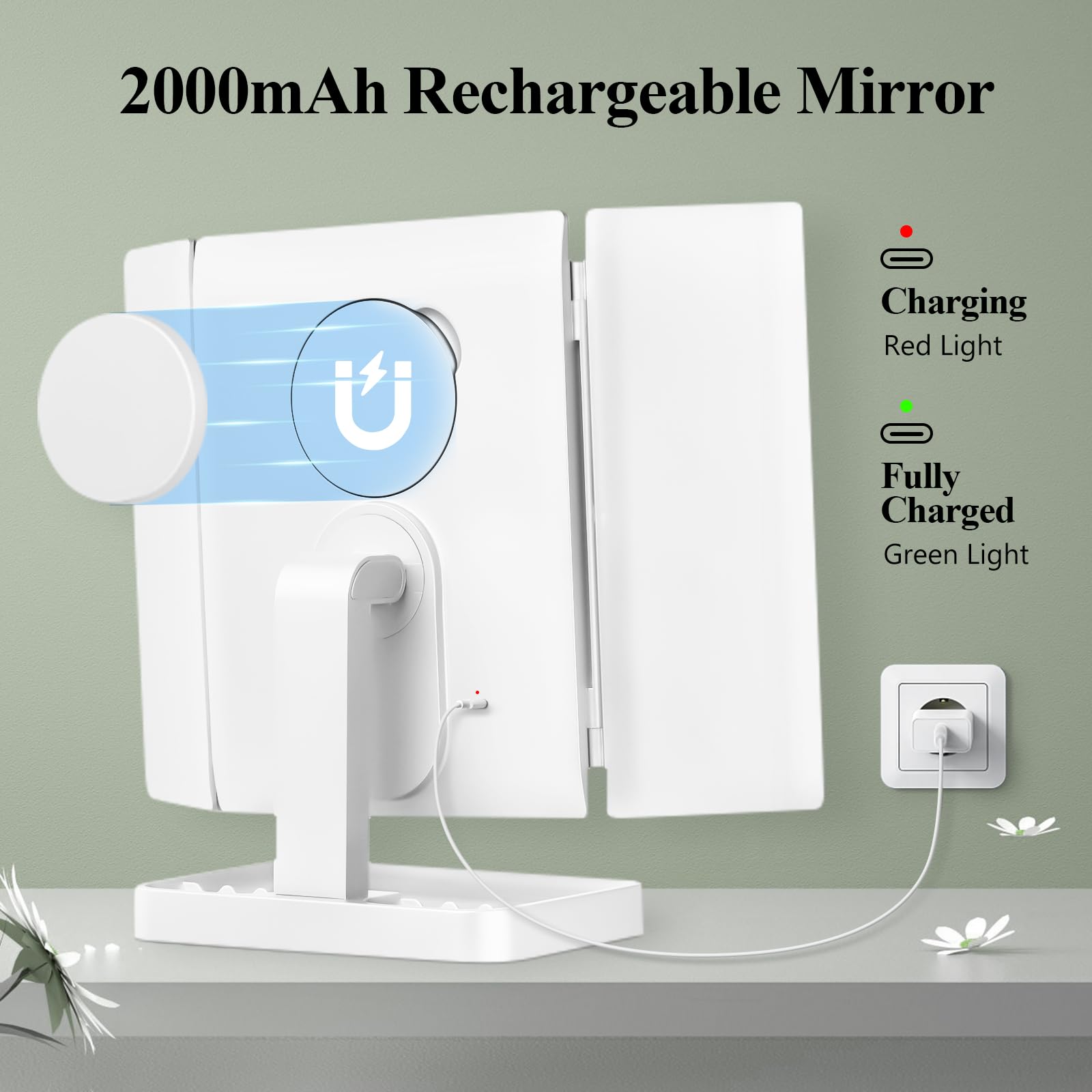Huonul Rechargeable Makeup Mirror With 3 Color Lights, 2000Mah Lighted Makeup Mirror, Magnetic 10X Magnifying Mirror, 360 Degree