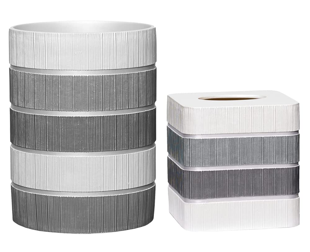 Zahari Home 2Pc Modern Line Stylish Bath Accessories Set Waste Basket & Square Tissue Box Cover Classic Contemporary Decorative